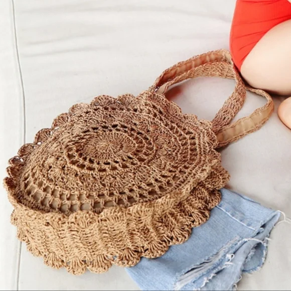 SALE Circle Handmade Crochet Shoulder Tote Bag Lined Zipper Light Brown Boho - Picture 2 of 13
